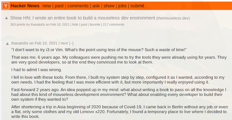 Building Your Mouseless Development Environment was on the front page of Hacker News!